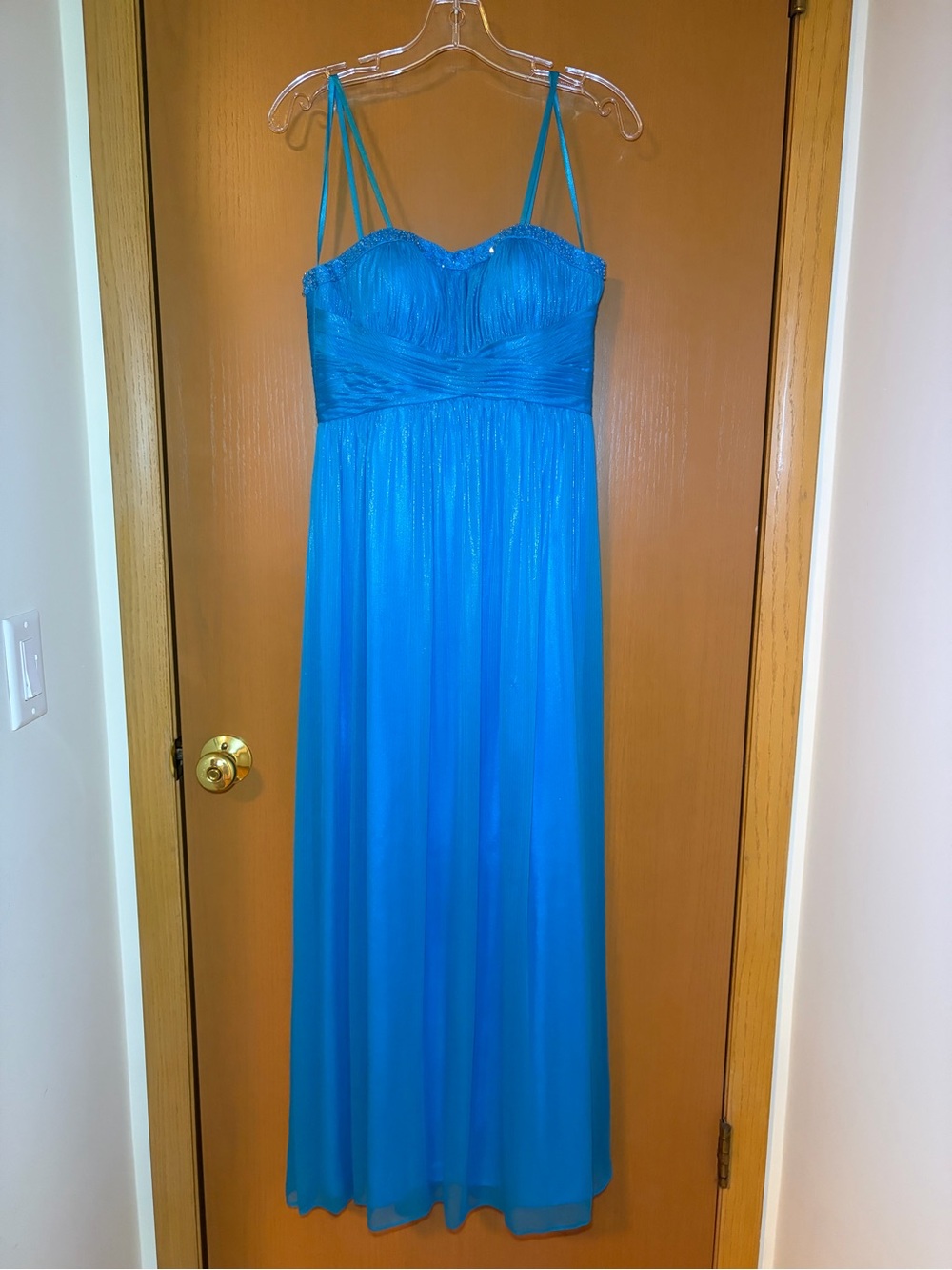 Bright Blue Shimmering Strapless Evening Dress with beaded trim